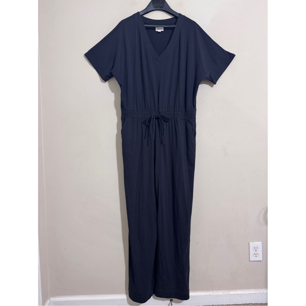 Pact Organic Revive Cotton Blend Black Drawstring Jumpsuit size XL Travel Lounge